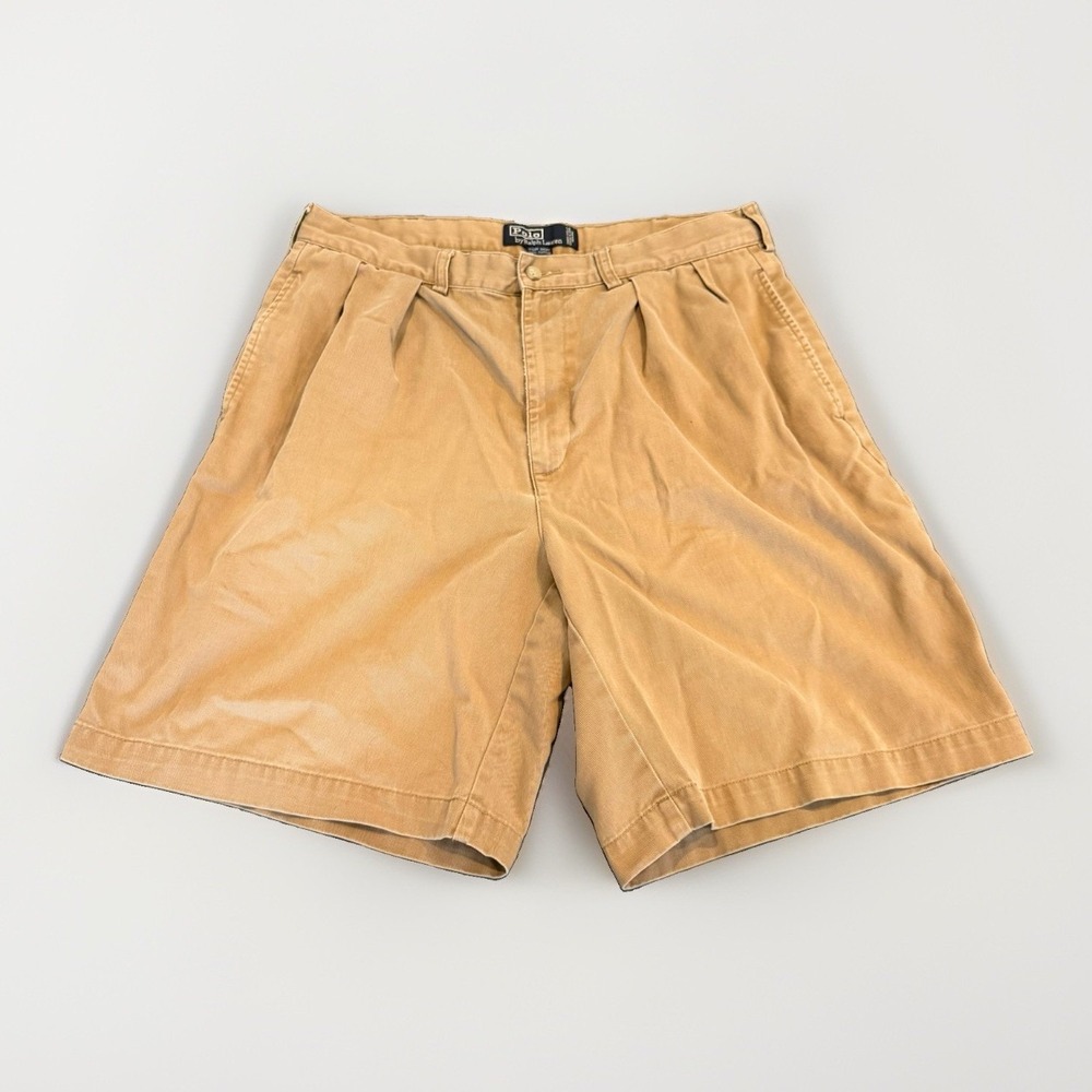 VTG Polo Ralph Lauren Tyler Short Mens 34 Khaki Tan Pleated Chino Cotton Shorts